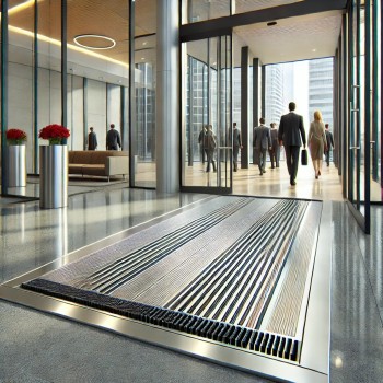 DALL·E 2024-11-22 11.09.57 - A high-traffic entrance area of a modern commercial building with aluminum entrance mats prominently displayed at the doorway. The mats are sleek with