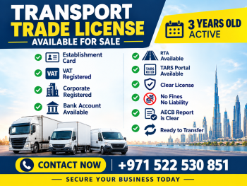 3 YEARS OLD TRANSPORT TRADE LICENSE AVAILABLE FOR SALE - DUBAI 